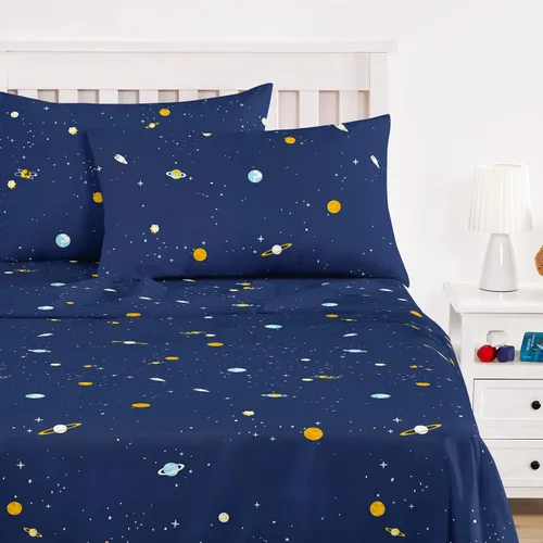 Miniatura 8 de Wake In Cloud - Sábanas espaciales para niños, 100% algodón, juego de sábanas de 4 piezas para niños, Galaxy Celestial, estrellas, cohetes