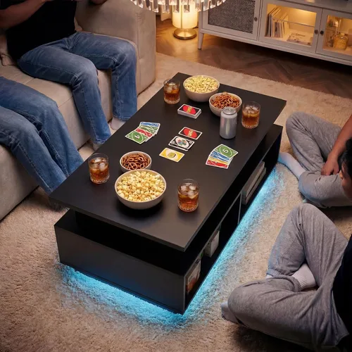 Miniatura 6 de YESHOMY Mesa de Centro Elevable de 40" con Almacenamiento Oculto y Luces LED Multicolor, Mesa Cuadrada Moderna de Madera con 4 Estantes Abiertos