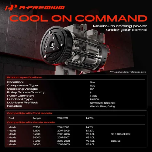 Miniatura 2 de A-Premium Compresor de aire acondicionado de CA con embrague compatible con Ford Ranger 2.3L 2001-2011 y Mazda B2300 2.3L 2001-2009, B4000 4.0L