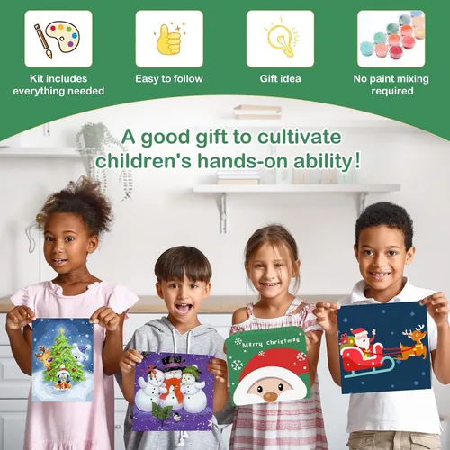 Miniatura 6 de Kosiz Paquete de 10 pinturas navideñas por números para niños y adultos, kits de pintura al óleo de 8 x 8 pulgadas, arte de lienzo de acuarela fácil