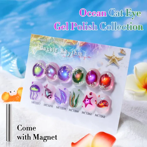 Miniatura 5 de Double Rhythm - Juego de esmalte de uñas de gel ojo de gato de 6 unidades, mismo color, misma botella, 14.8 ml, brillo con glitter, con imán