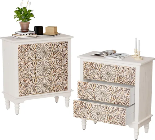 Miniatura 12 de COSIEST Mesita de noche vintage de 2 piezas, mesa de noche MDF de 2 niveles, mesa auxiliar de madera con cajón de almacenamiento y estante abierto