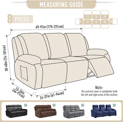 Miniatura 6 de TAOCOCO Fundas para sofá reclinable, 8 piezas, fundas elásticas para sofá grande de 3 asientos, fundas reclinables, protector de muebles