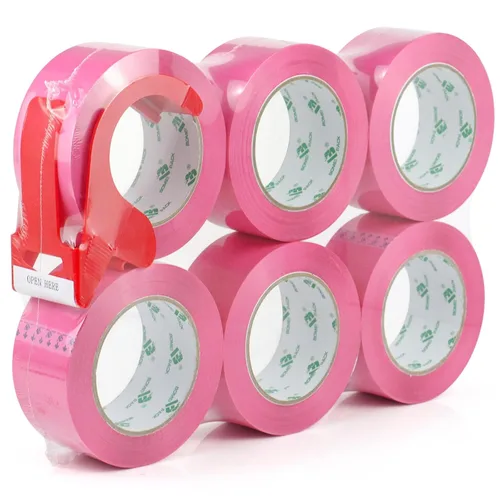 Miniatura 10 de BOMEI PACK Cinta de embalaje rosa con dispensador, 2.4 mil 1.88 pulgadas x 60 yardas, 6 rollos de repuesto de cinta de caja de color para mudanza