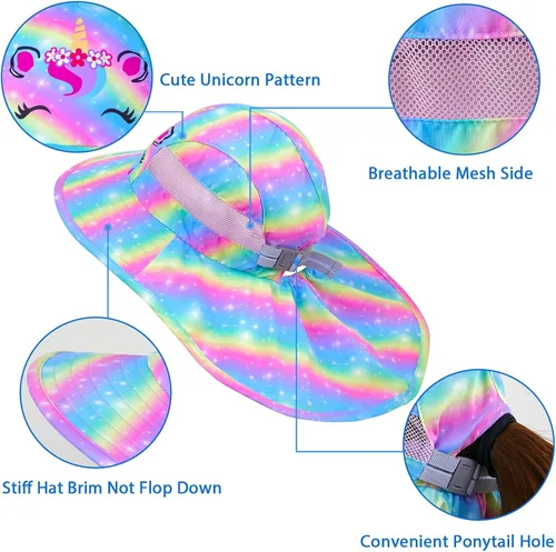 Miniatura 87 de Sombrero de sol para niños, protección UV, unicornio, verano, playa, jugar con ala ancha, solapa para el cuello para niñas y niños