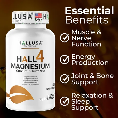 Miniatura 2 de HALL4 Magnesio 60 cápsulas – 4 complejos de magnesio malato, aspartato, taurato, bisglicinato y curcumina cúrcuma – energía, función muscular, salud