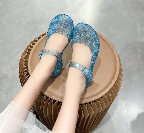 Miniatura 3 de Zapatos de gelatina para niñas, sandalias de cumpleaños de princesa Snow Queen para niñas pequeñas, sandalias azules con purpurina talla 9
