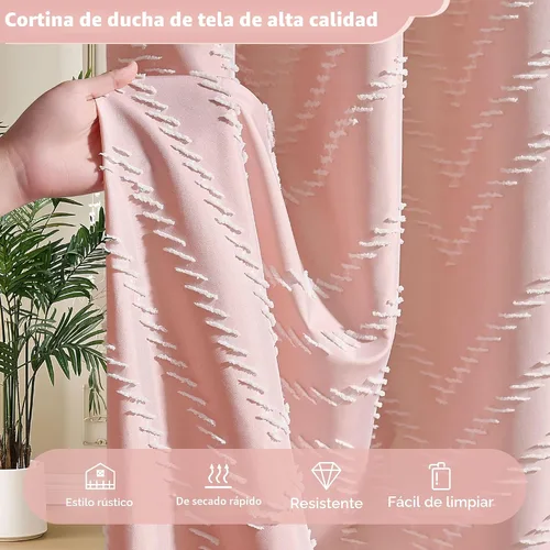 Miniatura 8 de Siiluminisoy Cortina de ducha bohemia rosa de tela tejida con borlas blancas, bonita cortina de ducha moderna de granja con textura tufted de A Pink