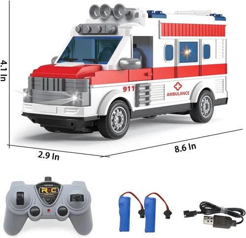 Miniatura 7 de Dollox Ambulancia de control remoto de 1/30, 2.4G RC Play Car Toy 4 Canales, vehículos eléctricos de ambulancia de emergencia con luces, puerta
