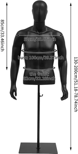 Miniatura 2 de Vestido masculino con forma de maniquí de medio cuerpo, 51-79 pulgadas de altura ajustable con soporte, brazos desmontables de costura modelo Negro