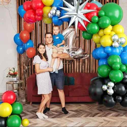Miniatura 4 de Kit de arco de guirnalda de globos negro, rojo, amarillo, verde, colorido con globos plateados metálicos negros, rojos, azules, amarillos, verdes
