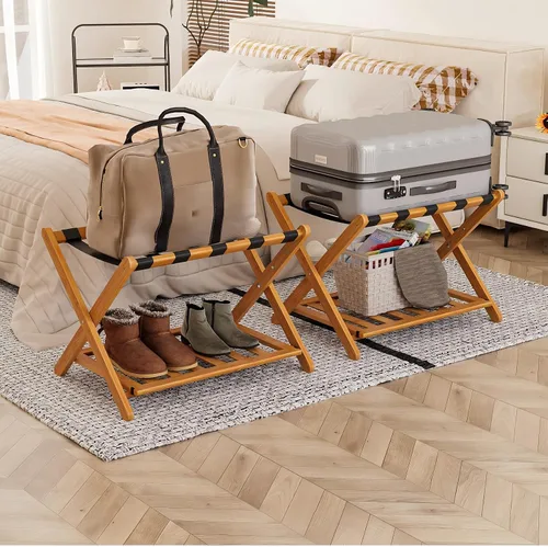 Miniatura 12 de Smart FENDEE Portaequipajes negro totalmente montado, soporte para maleta con estante para zapatos, soporte de equipaje plegable de madera