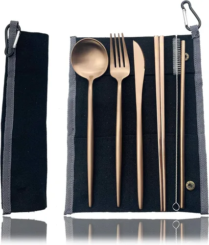 Miniatura 8 de JASHII El juego de cubiertos de viaje incluye cuchillo reutilizable, tenedor, cuchara, palillos, pajilla, utensilios ecológicos, utensilios de Azul
