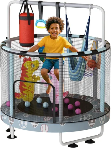 Miniatura 14 de LAMERGE Trampolín redondo 7 en 1 de 55 pulgadas para niños y niñas de 1 a 8 años, trampolín para interiores y exteriores para diversión, barandilla