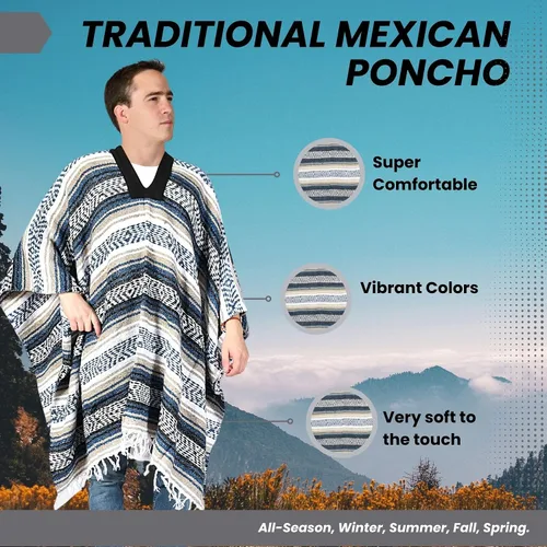 Miniatura 91 de Artisans Bazaar Poncho tradicional mexicano de Baja para hombres y mujeres, auténtico sarape de Gaban, manta de vaquero Pancho Jorongo