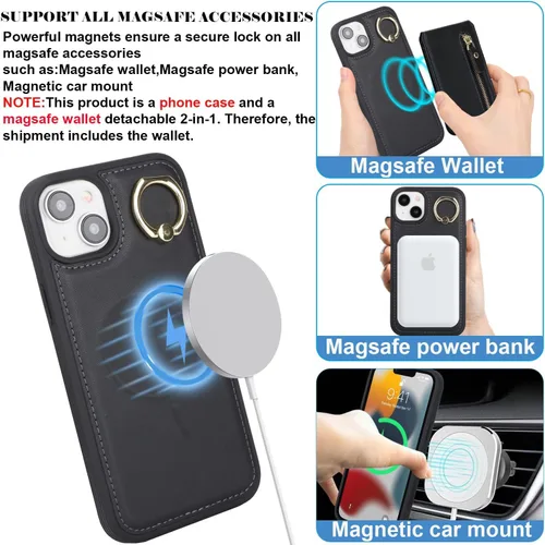 Miniatura 2 de para iPhone 14 Funda con soporte magnético Magsafe compatible, llavero de cuero PU plegable con soporte desmontable, funda tipo cartera 2-en-1