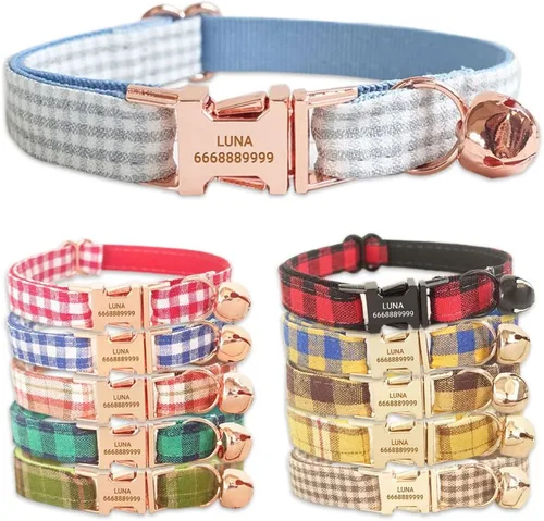 Miniatura 11 de PETDURO Collares de gato a cuadros hechos a mano personalizados con campana y hebilla de metal grabada con nombre personalizado para gatos lindos