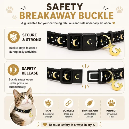 Miniatura 4 de waaag - Collar de seguridad para gato, con diseño de lunas y estrellas doradas, brilla en la oscuridad