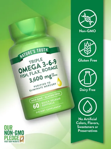 Miniatura 3 de Nature's Truth Triple Omega 3-6-9 cápsulas blandas 3600 mg 60 unidades Aceites de pescado, lino, borraja Suplemento sin OMG y sin gluten