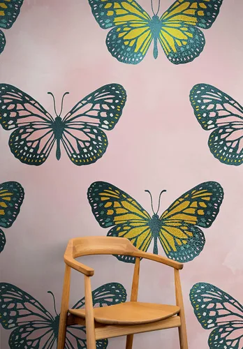 Miniatura 6 de Mural de pared con patrón de mariposa grande sobre fondo rosa. Dormitorio, guardería, decoración del hogar. Papel tapiz autoadhesivo #6441