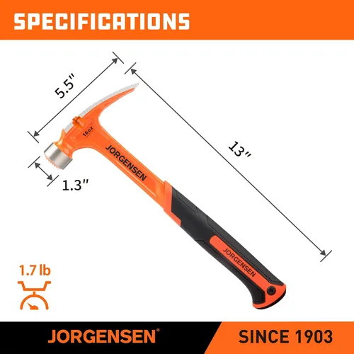 Miniatura 2 de Jorgensen Martillo de garra recta de 16 onzas, martillo de garra rasgada con cara fresada y agarre que absorbe impactos, martillo forjado de una