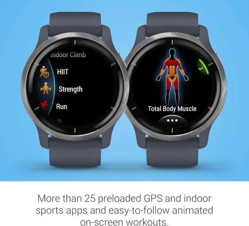 Miniatura 4 de Garmin 010-02430-00 Venu 2, reloj inteligente GPS, monitoreo avanzado de salud, características de fitness, bisel plateado con funda color granito