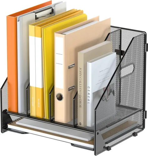 Miniatura 11 de Organizador de Carpetas de Archivos de Escritorio - 5 Compartimentos Verticales con Estantes y Bandeja para Cartas de Papel, Clasificador de Negro