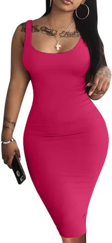 LAGSHIAN - Vestido bodycon sin mangas, sexy, sin mangas, vestido básico por debajo de la rodilla para club