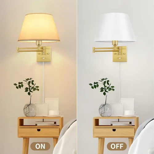 Miniatura 4 de TRLIFE - Apliques de pared regulables enchufables, juego de 2 apliques de pared de latón cepillado con brazo oscilante con cable de enchufe y Dorado