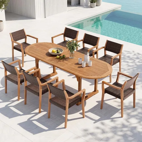 Miniatura 11 de PHI VILLA Juego de 2 sillas de madera de acacia para exteriores, sillones de comedor resistentes con respaldo y asiento de mimbre, muebles