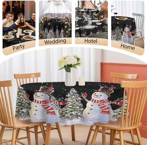 Miniatura 6 de Mantel redondo negro de Navidad, impermeable y resistente a las manchas, mantel lavable sin arrugas para comedor, fiesta, boda, muñeco de nieve