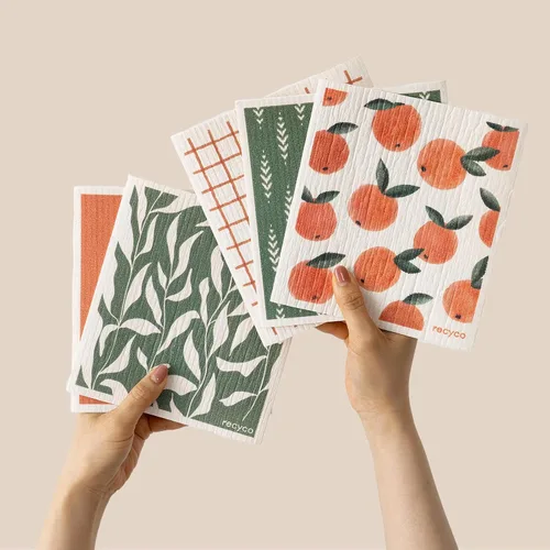 Miniatura 32 de RECYCO Paños suecos para cocina Paquete de 5 trapos geométricos lavables Toallas de papel de limpieza reutilizables de celulosa Paño