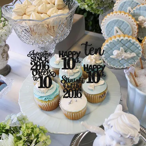 Miniatura 3 de Paquete de 30 adornos para cupcakes de 10º cumpleaños con purpurina recta hacia fuera de 2016, Happy 10th Ten Awesome Since 2016, 10 fabulosas