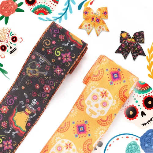 Hying Cintas de Días de los Muertos Mexicanos - Borde con alambre, arpillera, naranja y negro, patrón de esqueleto de calavera, 2 rollos para lazos