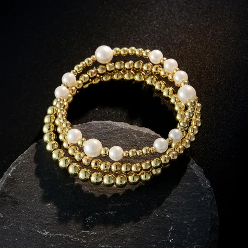 Miniatura 6 de Pulsera de cuentas de oro para mujer, apilable, chapada en perlas, juego de pulseras elásticas para mujer, a la moda