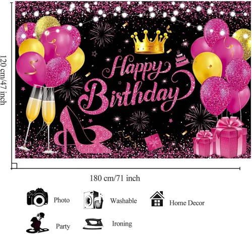 Miniatura 3 de 180x120 cm Telón de fondo brillante negro rosa intenso dorado para fiesta de cumpleaños, fondos de fotos, paño de 71x47 pulgadas, cartel de feliz