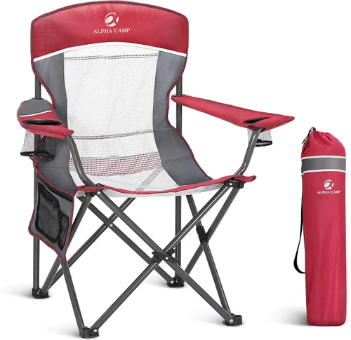 LET'S CAMP Silla de campamento con respaldo de malla, portátil, plegable, resistente, soporte para exteriores, 330 libras, silla de brazo grande Rojo