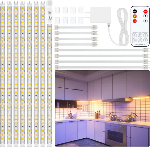 LAFULIT - Kit de iluminación para debajo de armario - 8 piezas de tiras LED de 20 pulgadas precortadas, 2700 K, luz blanca cálida, flexible, con