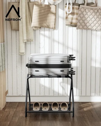 Miniatura 2 de Portaequipajes, soporte plegable para maleta con estante de almacenamiento, soporte de equipaje de metal para habitación de invitados, dormitorio