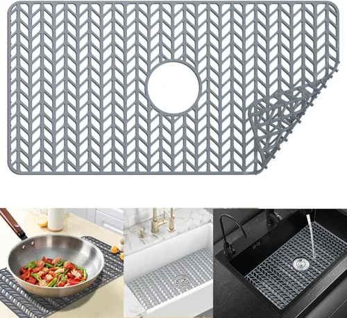 Miniatura 17 de Protectores de fregadero de cocina de 12 x 11 y 13 x 11 pulgadas, protectores de silicona para fregadero de cocina para la parte inferior del Gris