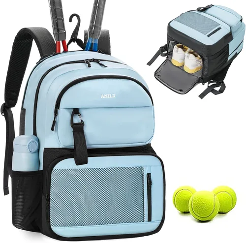 Miniatura 9 de ANILD Bolsa de tenis multideportiva para 2 raquetas con compartimento ventilado para zapatos para hombres y mujeres, Beige, Grande, Bolsa de tenis