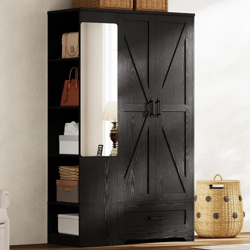 LIKIMIO Armario Armario de 70 pulgadas, gran almacenamiento con espejo, 2 puertas, cajón y estantes, moderno dormitorio independiente de madera Negro