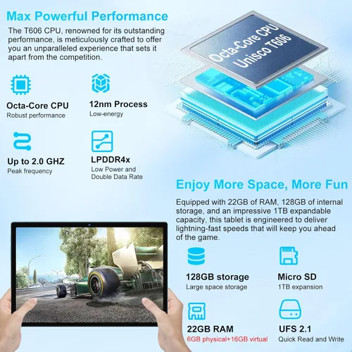 Miniatura 2 de Tablet 2026, tabletas Android 15 de 10 pulgadas 22GB+128GB+1TB Expand, tableta electrónica 2 en 1 Octa-Core con funda de teclado y mouse, batería