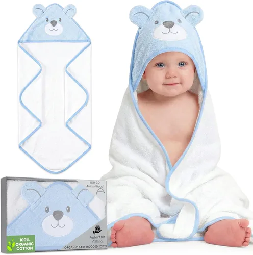 Mother's Choice - Toallas de bebé 100% algodón orgánico con diseño de oso azul, certificado Oeko-TEX, hipoalergénicas, ultra absorbentes, toalla de