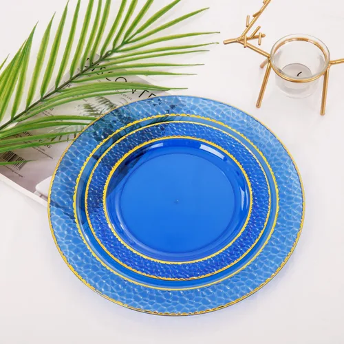Miniatura 8 de Nervure 150 platos de plástico azul transparente, platos de fiesta dorados, juego de vajilla azul y dorado incluye: 50 platos desechables, 25 tazas