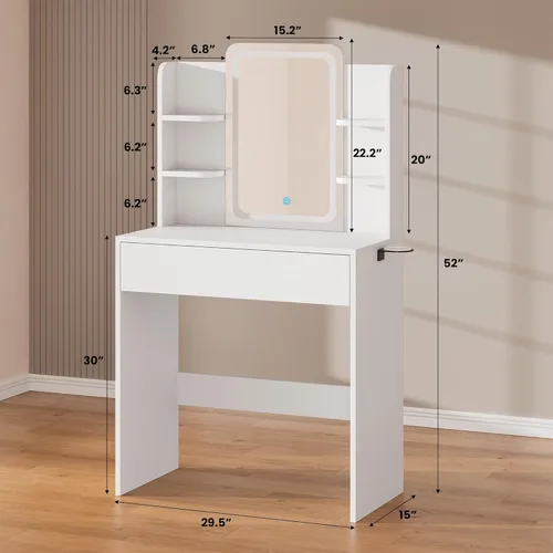 Miniatura 2 de HAIOOU Escritorio pequeño con espejo y luces, escritorio de maquillaje con cajón de almacenamiento, tocador compacto con estante abierto de 3 Blanco