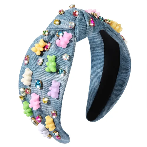 Miniatura 8 de ZITULRY Diadema anudada para mujer, de cristal, osito de gomita, adornado con nudo superior, diadema de moda con turbante ancho, regalos divertidos