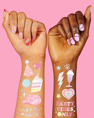 Miniatura 3 de xo, Fetti Tatuajes temporales de arcoíris pastel - 50 estilos de papel de aluminio iridiscente Suministros de fiesta de cumpleaños preparados