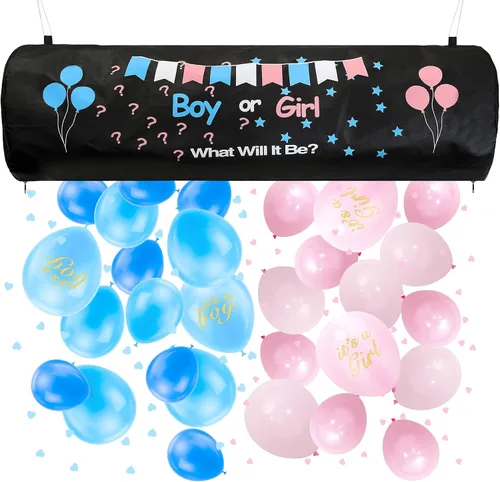 Tenshun Kit de revelación de género: incluye 1 bolsa para globos, 40 globos rosas y azules, 1 paquete de confeti rosa y azul, 1 bomba de aire de