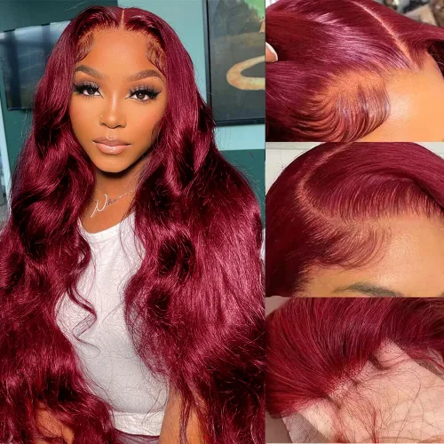 Miniatura 11 de ZGWG Pelucas de cabello humano con encaje frontal de color rojo, densidad del 180%, 13x6, 99J, pelucas de cabello humano virgen brasileño 12A